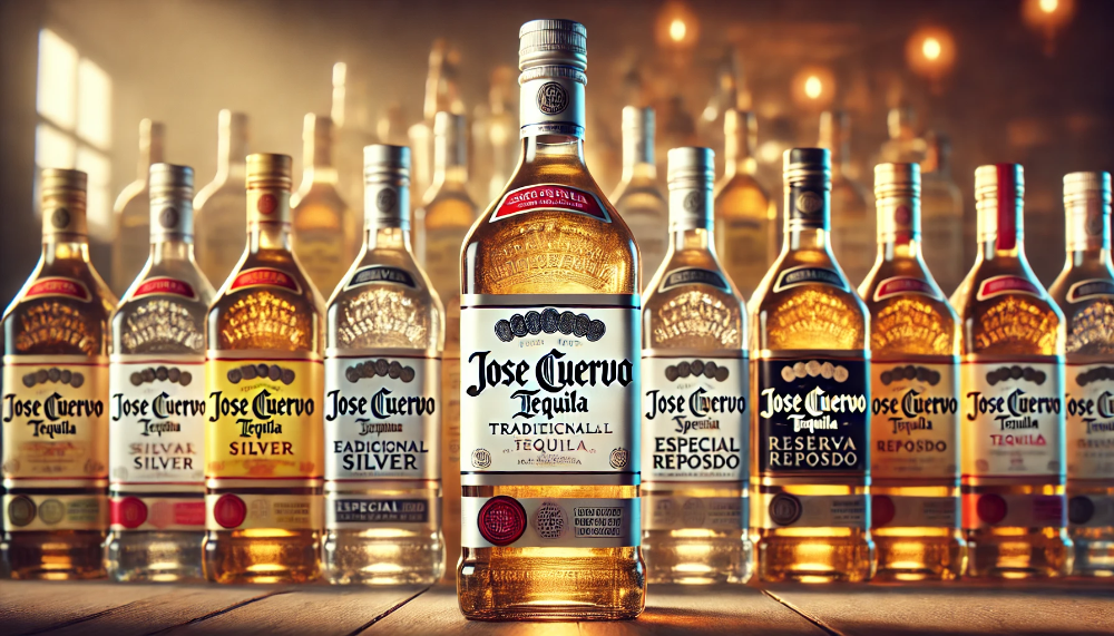 Пляшка текіли Jose Cuervo з різними її варіантами на фоні